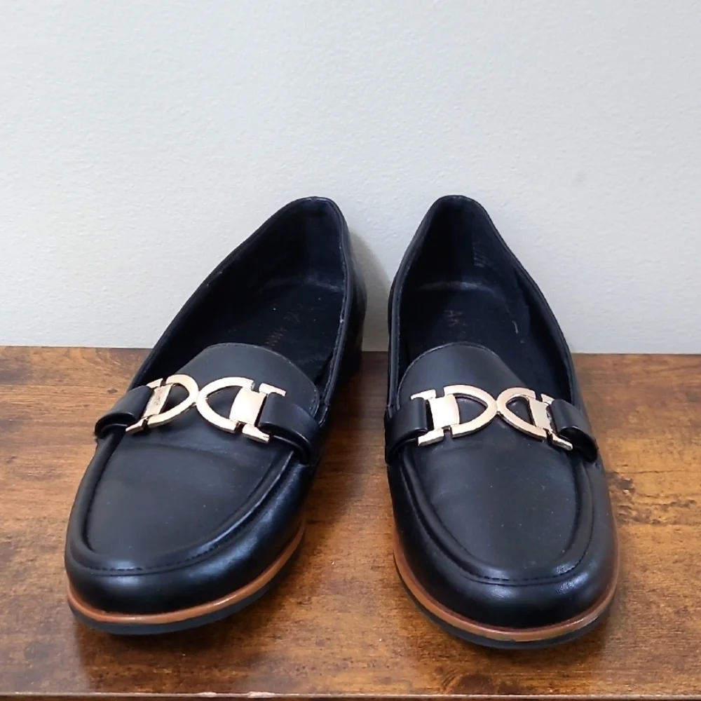 Anne Klein Black Loafers with Gold Detail with Logo size 7.5